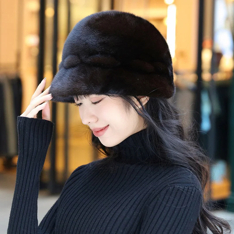 

Women's New Fashion Fisherman Hat Real Mink Middle-aged And Elderly Large Size Casual Elegant Hat Outdoor Winter Warm Hat