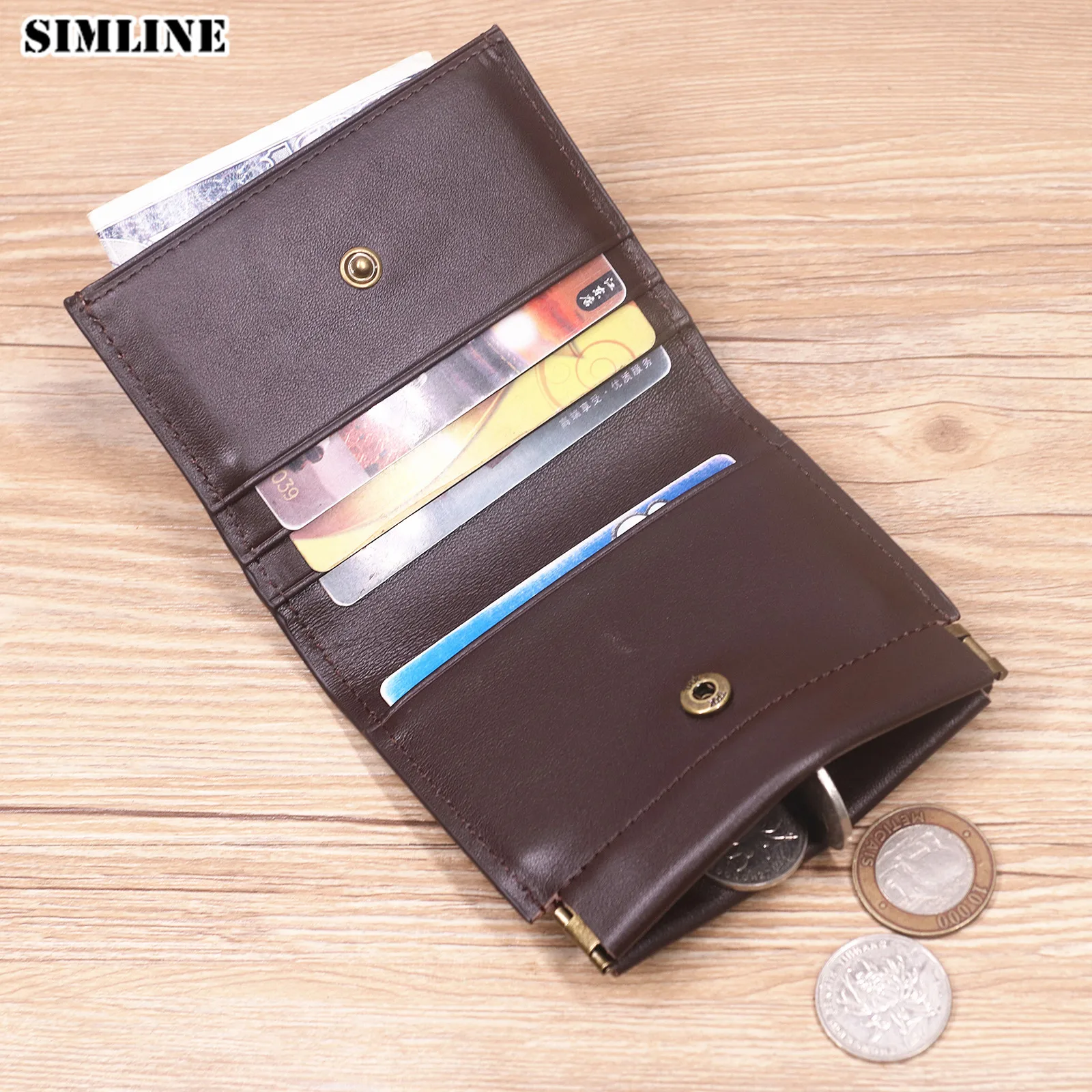 Genuine Leather Wallet For Men Women Fashion Short Bifold Small Slim Men\'s Purse Card Holder With Squeeze Coin Pocket ID Window