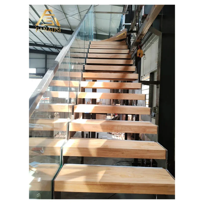 custom.Architectural Double Stringer Staircase Laser Cut Side Plates Solid Oak Treads Stair Minimalist Handrail System Stairs