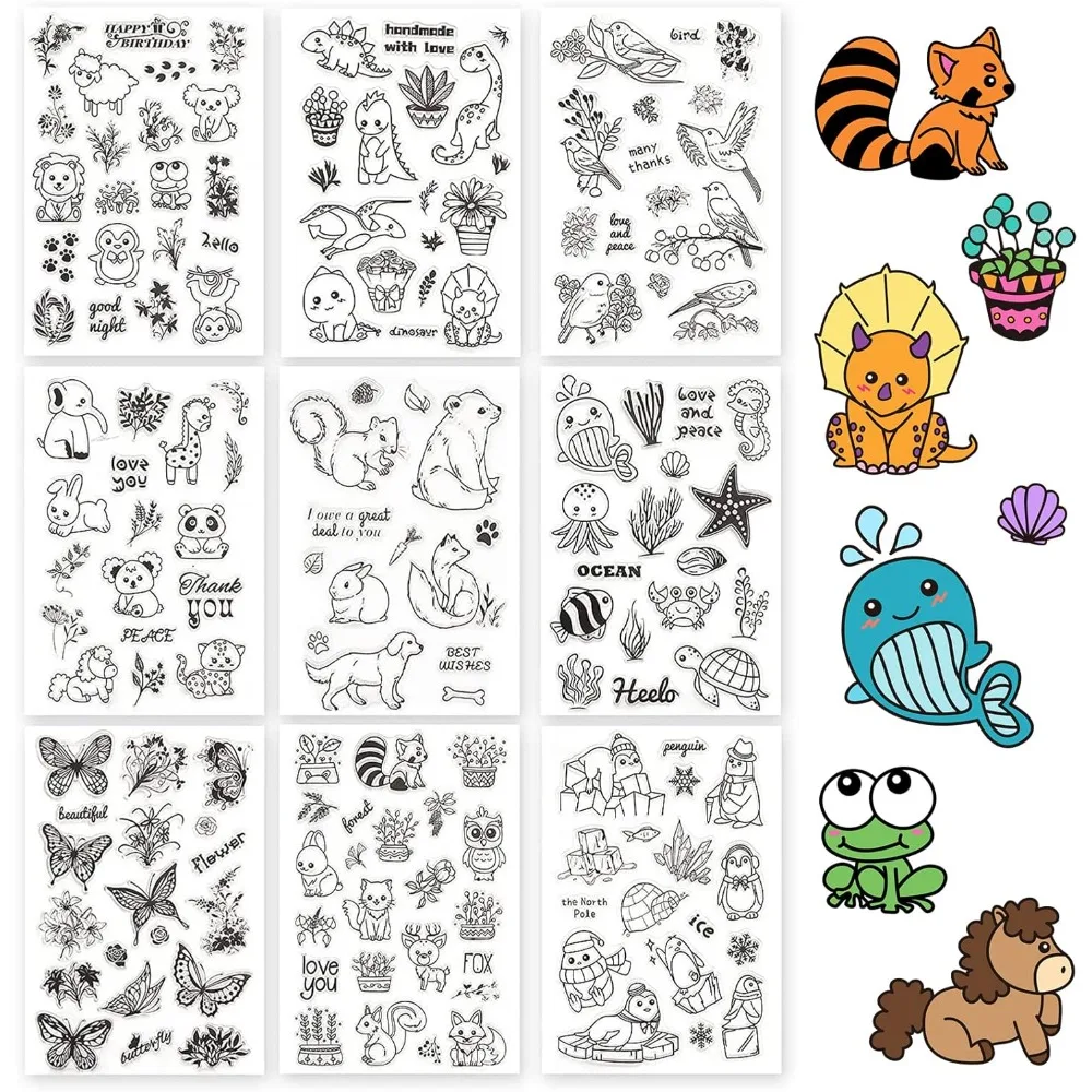 9 Sheets Animal Theme Silicone Clear Stamps Seal for Card Making Decoration and DIY Scrapbooking(Ocean Life, Forest Animals