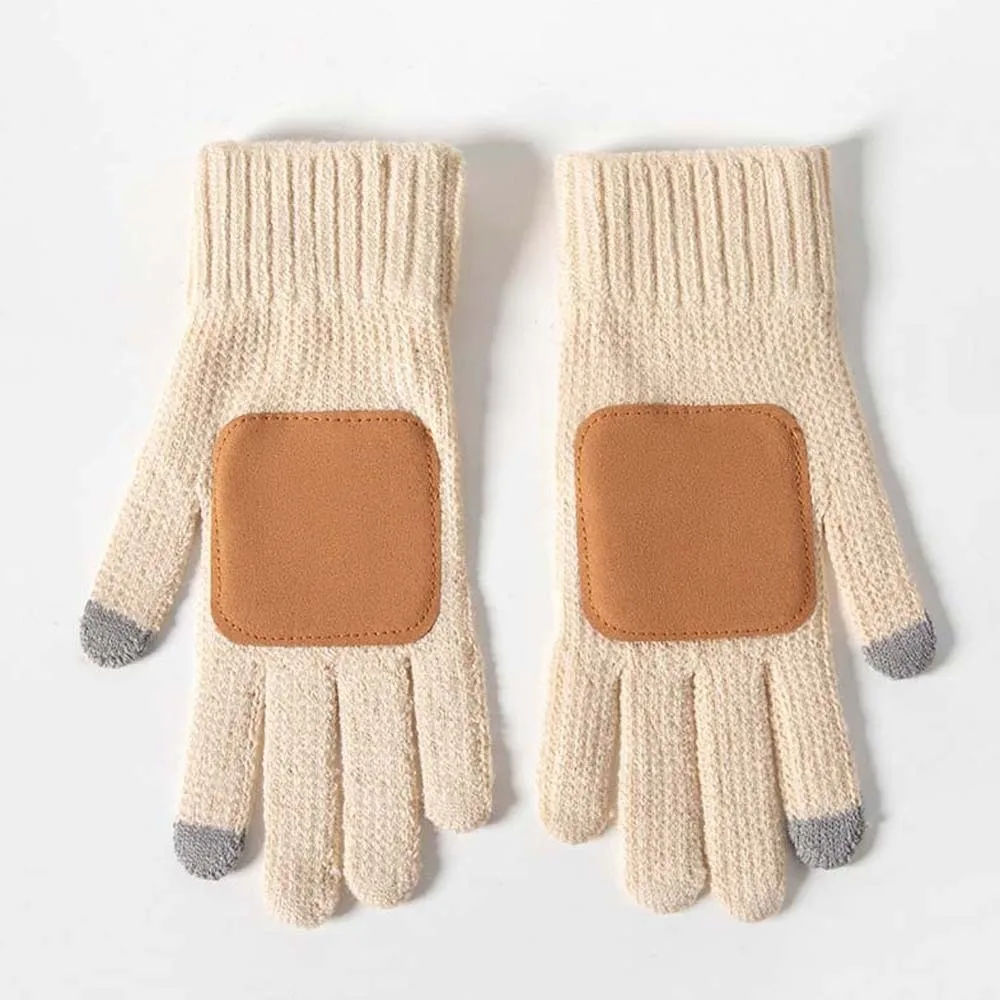 Leather Patch Touchscreen Gloves Solid Color Knitted Wool Winter Knit Mittens Thick Lining High Quality Woolen Warm Gloves