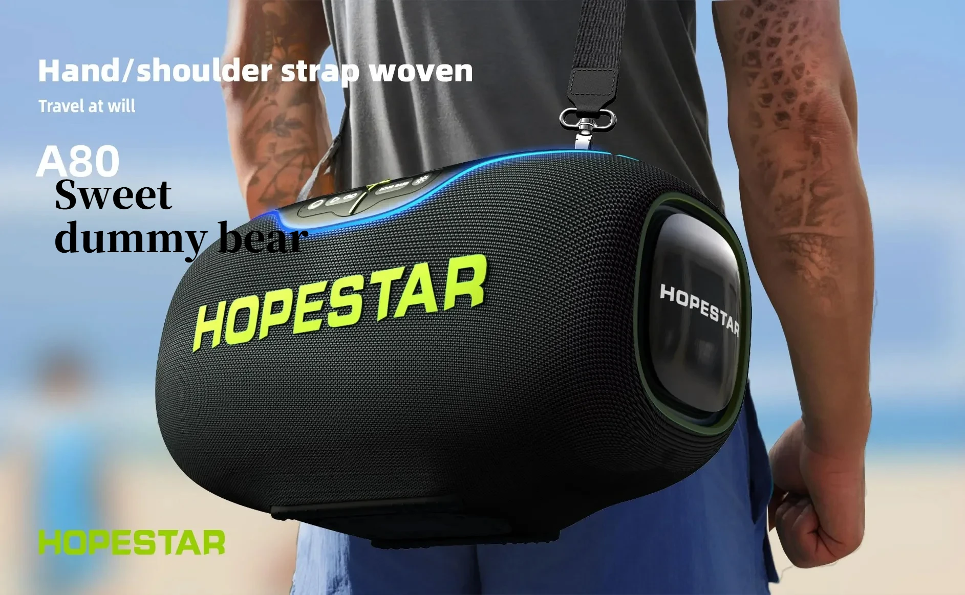 

Высококачественный сабвуфер Hopestar A80 — портативный динамик RGB с водонепроницаемостью IPX6, мини-микрофоном и перезаряжаемой батареей