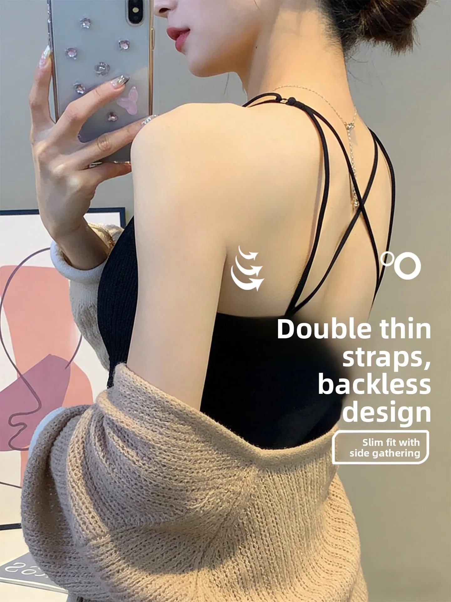 plus Size Women's American Style Slimming Pleated Strap Vest Thin Backless Bra Integrated Outerwear Base Shirt for Autumn Winter