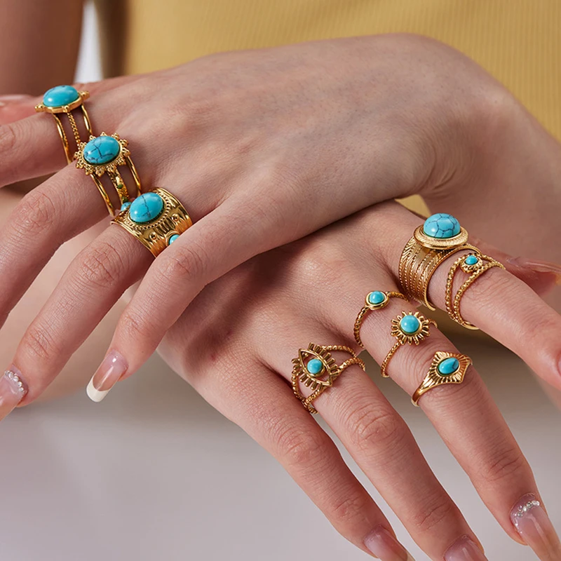 YHTOT Fashion Trend 18K الذهب اللون مطلي الفولاذ المقاوم للصدأ الياقوت الدائري تكويم البيضاوي الدائري السيدات مجوهرات
