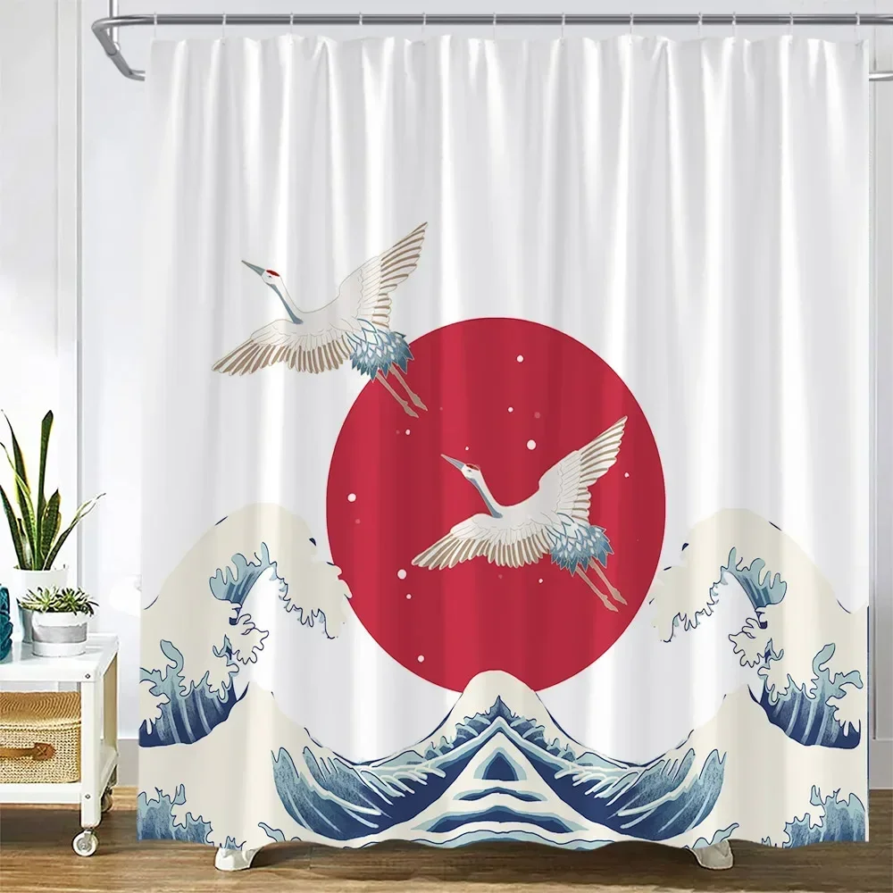 Sun Sea Wave Crane Shower Curtains Cherry Blossom Mount Fuji Bird Ink Bamboo Japanese Landscape Cloth Bathroom Curtain Decor Set