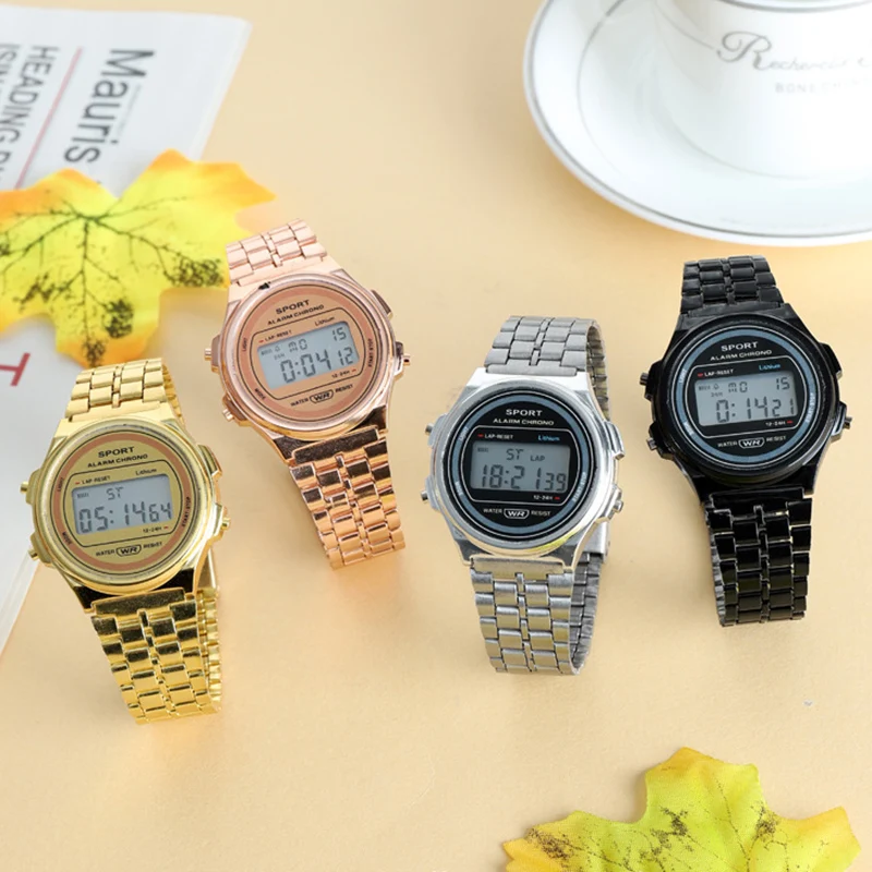 Women Casual LED Electronic Watch Stainless Steel Retro Digital Wristwatch Waterproof Classic Military Sports Clock for man