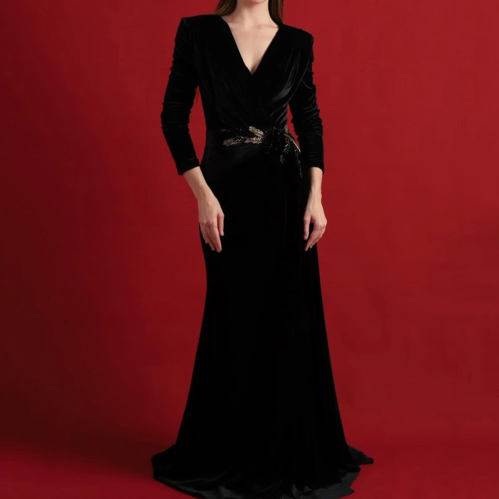 

Customized Mermaid Evening Dresses Floor-length V-neck Full Sleeve Prom Gown Fashion Beading Simple Draped Casual Party Gown