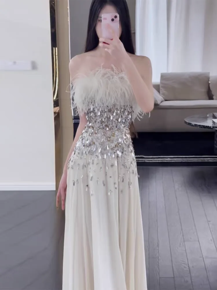 Customized Strapless Fluffy Ostrich Feather Neckline Gradient Sequins Evening Dress Draped Chiffon A-Line Floor Length Banquet