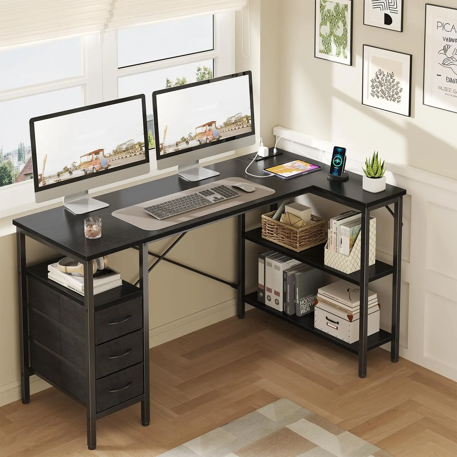 JHK L Shaped Desk with Shelf Drawers 55 Inch Corner Computer Desks Gaming with Power Outlet Adjustable Shelves Home Office Table