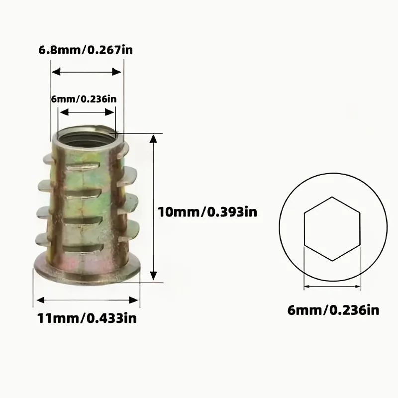 100Pcs Galvanized Alloy Threaded Inserts M6 Nuts, Trapezoidal Nuts, Countersunk Nuts, Hex Drive Internal/External Threaded Inserts, for Wood and Softwood Furniture, Drywall, Cabinets - Durable Rust-Resistant Hardware Fasteners