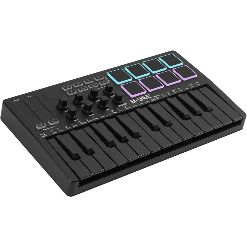 25 Key USB MIDI Keyboard Controller With 8 Backlit Drum Pads, Bluetooth Semi Weighted Professional dynamic keybed 8 Knobs