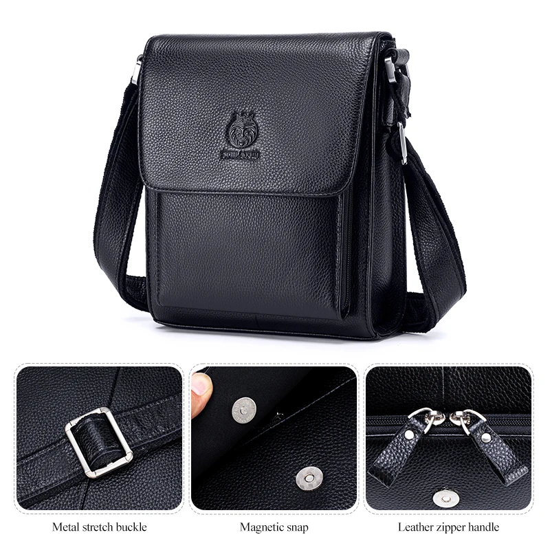 SCHLATUM Men's Genuine Leather Pebbled Leather Vertical Square Flap Crossbody Bag Multi-Pocket Shoulder Bag for Men