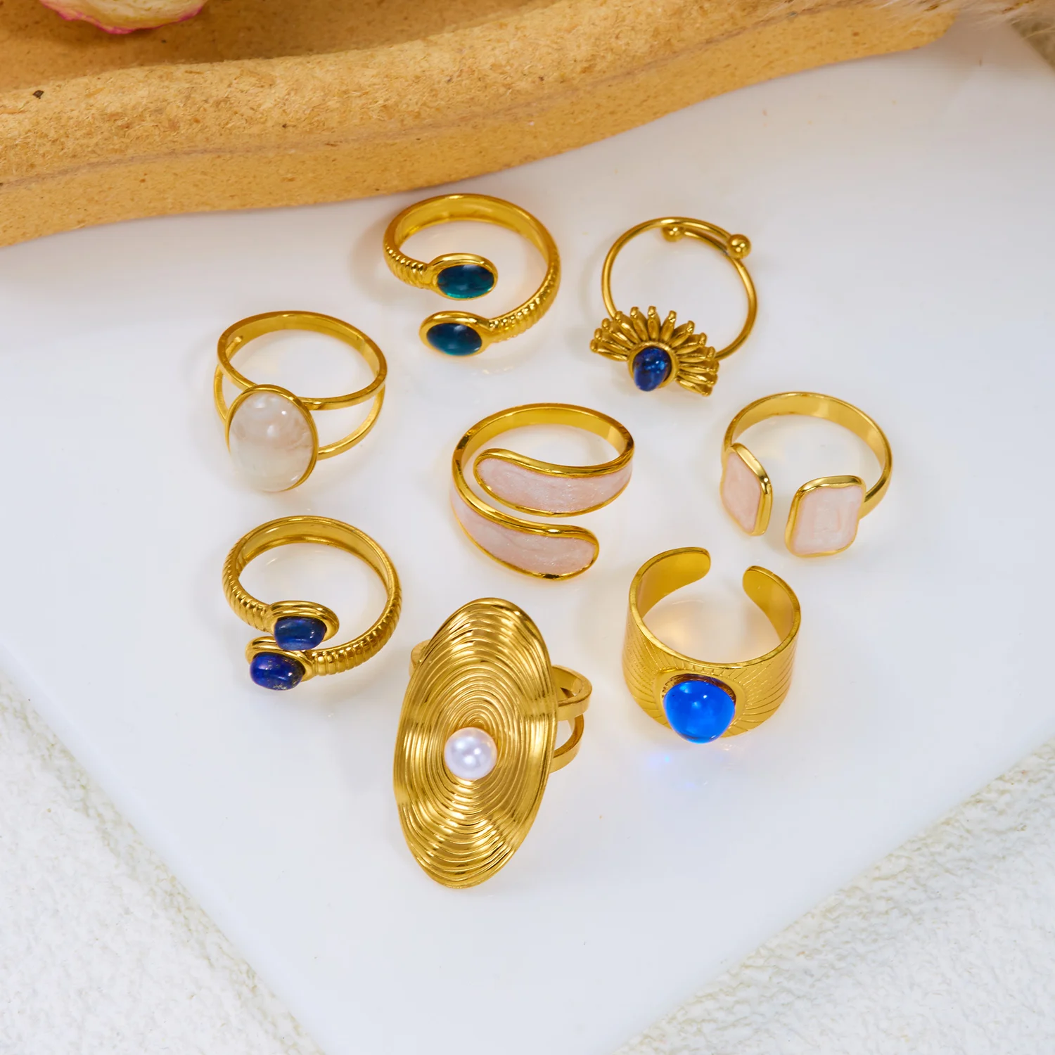 Edelstahl Weiße Öltropfen Offene Ringe für Frauen Naturstein-Einlage Breiter Ring Stapelbare Ringe Vergoldeter Schmuck – Detail 5