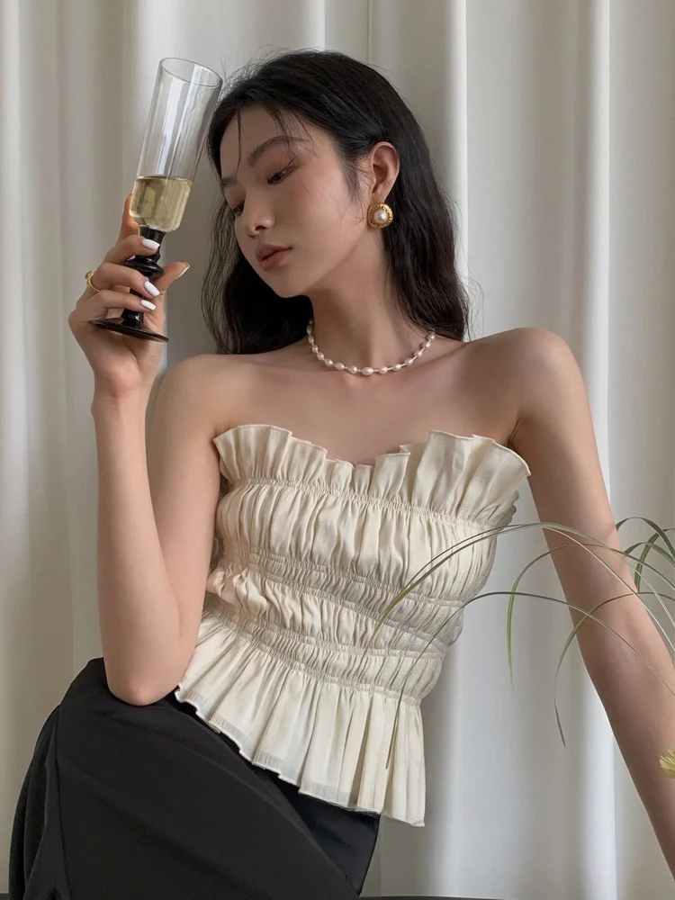 LELART Summer Pure Desire Spicy Girl Pleated Wave Collar Tube Top New Holiday Style Wrap Chest Inner Trendy Short Korean Version