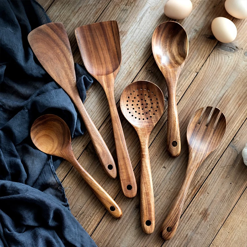 

1-9 Pcs/set Natural Teak Wooden Tableware Spoon Colander Ladle Turner Rice Colander Soup Skimming Cooking Spoon Kitchen Tool Kit