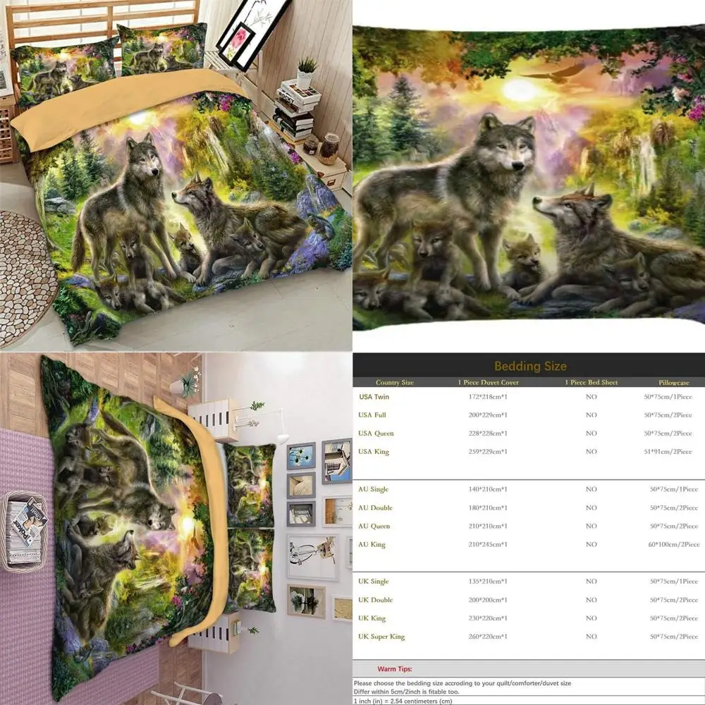 

3D Animal Print Duvet Cover Set - Wolf Design for Full/Queen Bed with Pillowcases (US Queen Size)