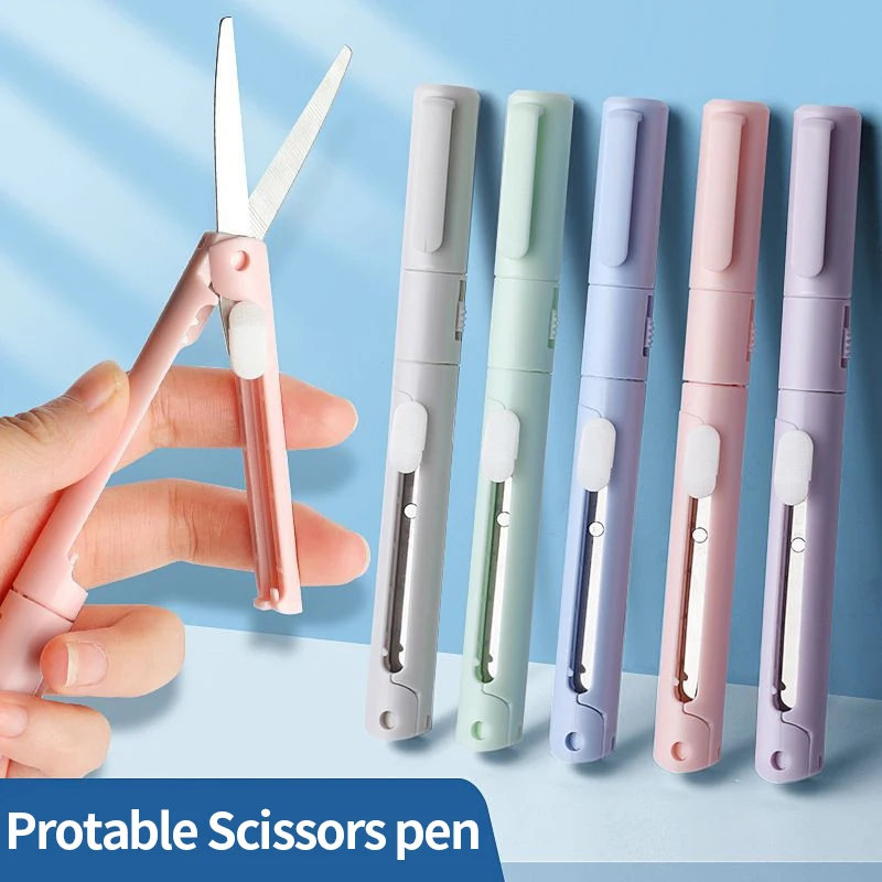 Mini Foldable Scissors with Pen Knife 2 in 1 Paper Cutter Utility Knife DIY Art Crafts Cutting Tools Kawaii Stationery Office