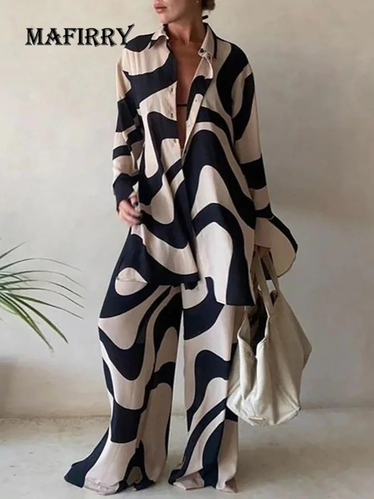 

Women Streetwear Sportswear Loose 2PCS Suit Spring Autumn Printing Long Cardigan Top Wide Leg Pants Ladies Outfit Dropshipping