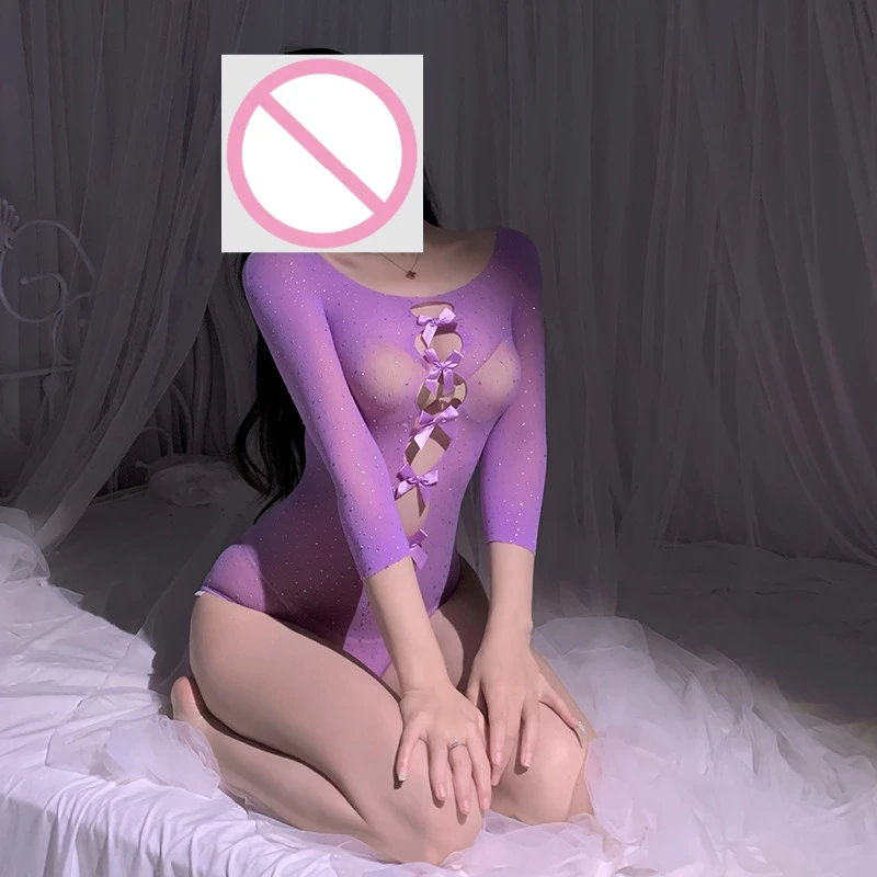 Lingerie sexy per pulcini caldi - abito intero con paillettes traforate con nodo a farfalla trasparente L718