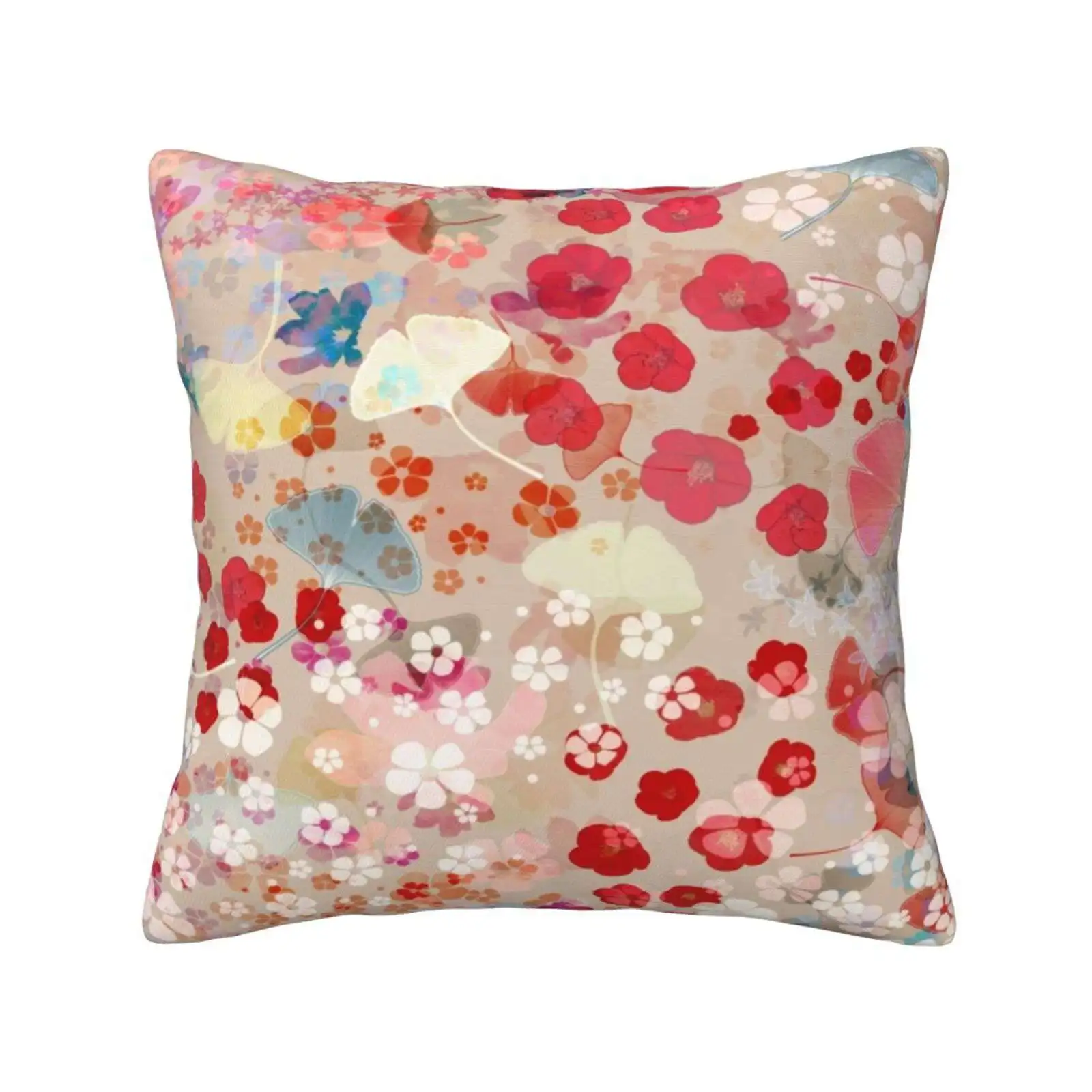 Blossom Fashion Sofa Throw Pillow Cover Pillowcase Blossom Red Flowers Gingko Dragonfly Beige Flowery Floral White Warm Tones