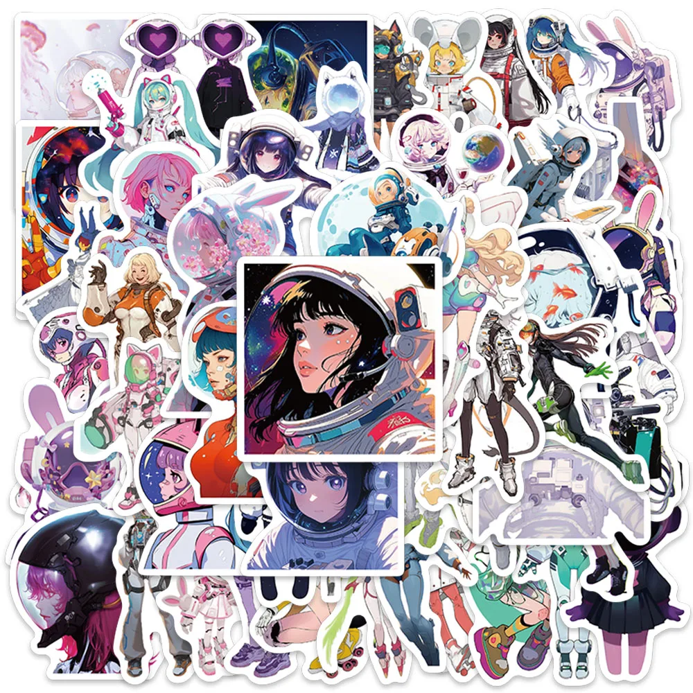 50pcs Cute Cartoon Anime Beauty Girls Astronaut Stickers For Luggage Laptop Guitar Phone Dairy Waterproof Vinyl Car Decals