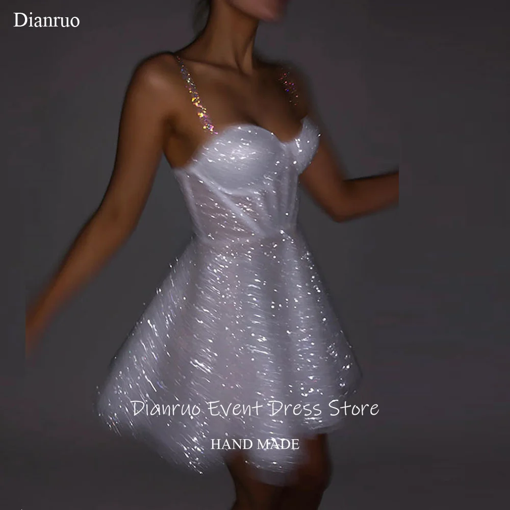 

Dianruo Glittery Tulle Birthday Dresses Sparkly Sequined Pleated Prom Dress Strapless Above Knee Chic Evening Gowns Customized