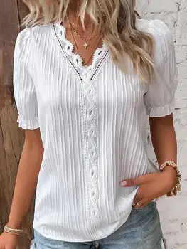Blusas de Color sólido a la moda para mujer, camisas informales con cuello en V, blusas elegantes de manga corta, Tops clásicos de verano para mujer, Tops blancos básicos