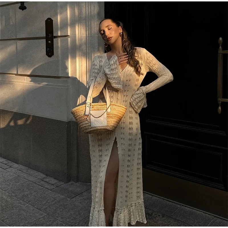 Elegant Knitted Hollow Out Long Dress Women Beach Ruffle Single-breasted Flare Sleeve Cardigan Robe Female Fashion Solid Dresses