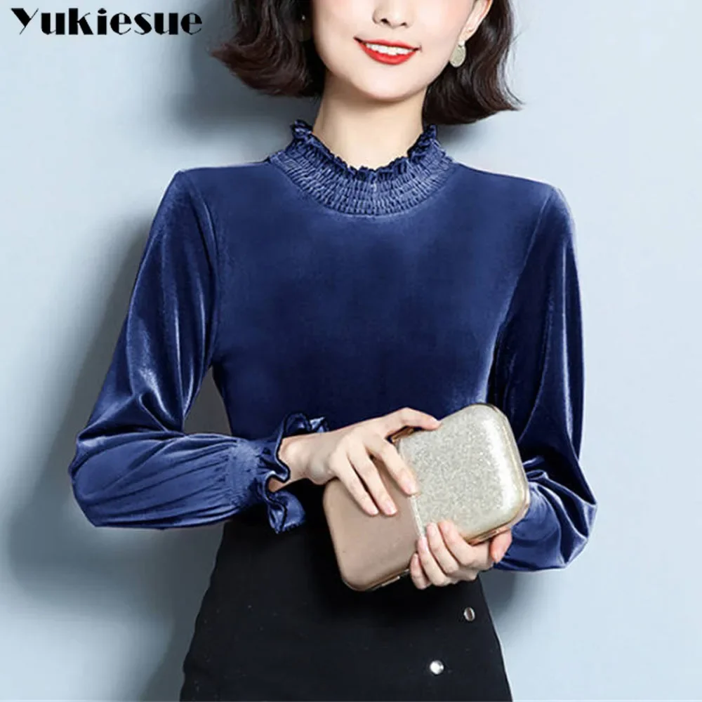 

Элегантные женские блузки, повседневные женские топы с оборками, женская бархатная рубашка, блузка, сорочка femme blusas blusa feminina, топ с длинными рукавами