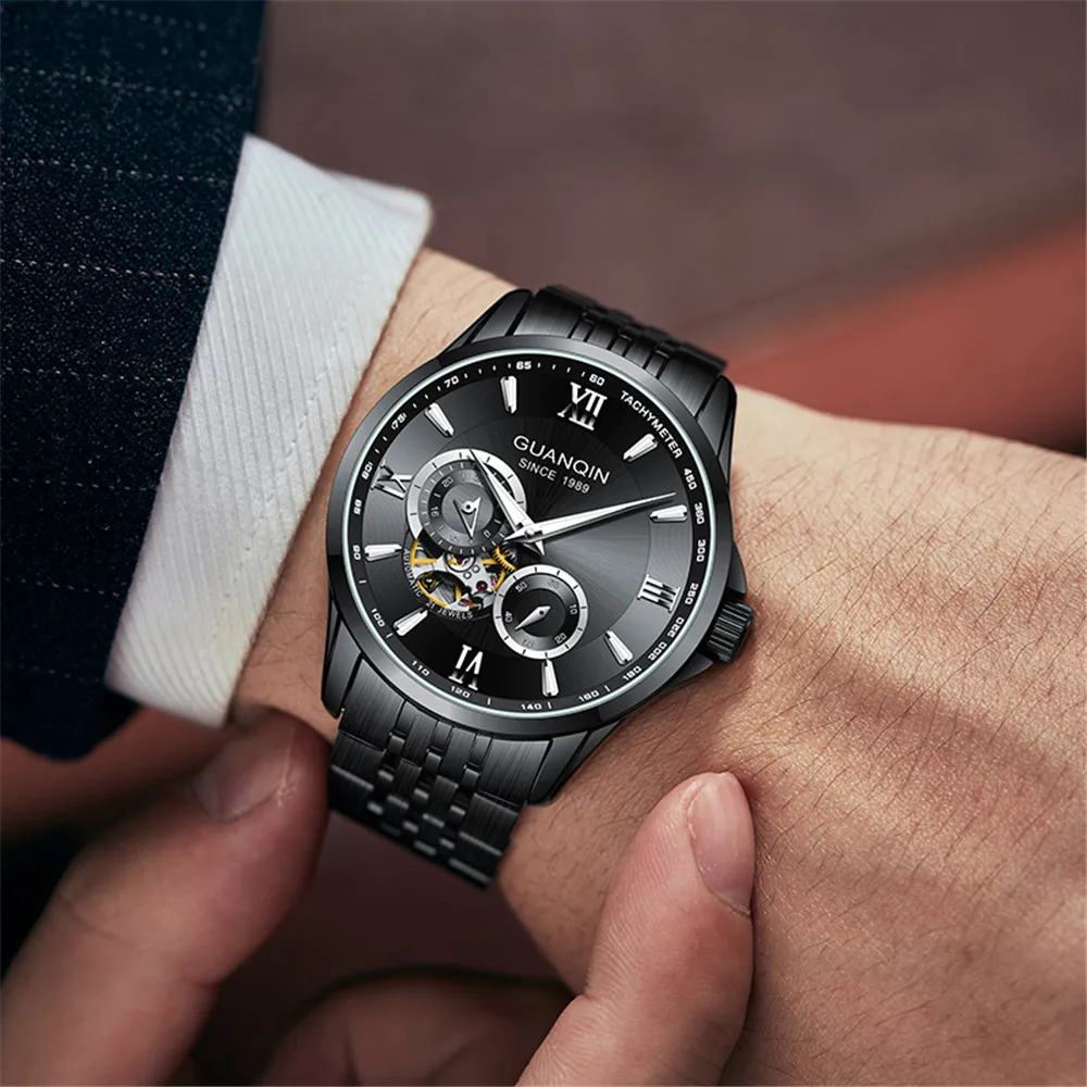 GUANQIN Men's Luxury Automatic Self-wind Mechanical Watch Top Brand Sport Sapphire Wristwatch with Tourbillon Skeleton Design