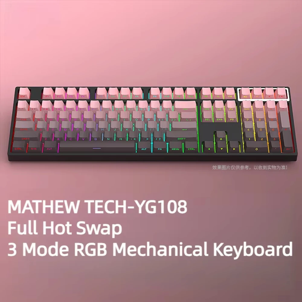 Mathew Tech YG108 Three Mode Mechanical Keyboard 108 Keys Full Size Hot Swap RGB Side Print Shine ThroughGaming Keyboard