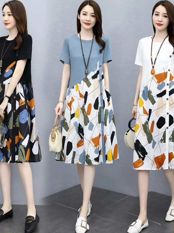 

Летнее повседневное свободное платье больших размеров с коротким рукавом, облегающее, скрывающее недостатки фигуры, миди-платье для женщин среднего возраста
