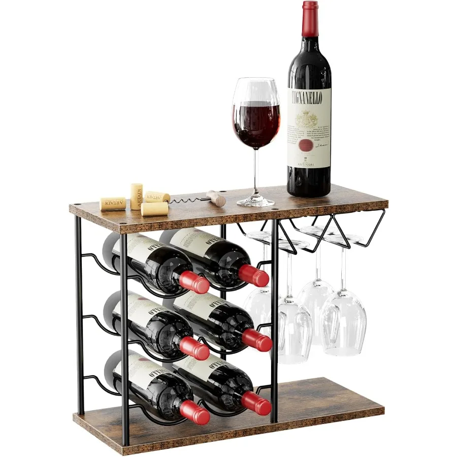 

Countertop Wine Racks for 6 Bottles and 4 Glasses Storage Organizer with Metal Frame Compact Wine Bottle Holder for Kitchen Bar