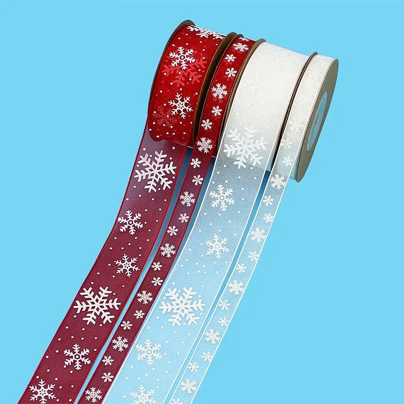 Christmas Gift Decoration Transparent Snowflake Ribbon Bridal Handheld Flower Packaging Hair Accessories Material Printed Ribbon