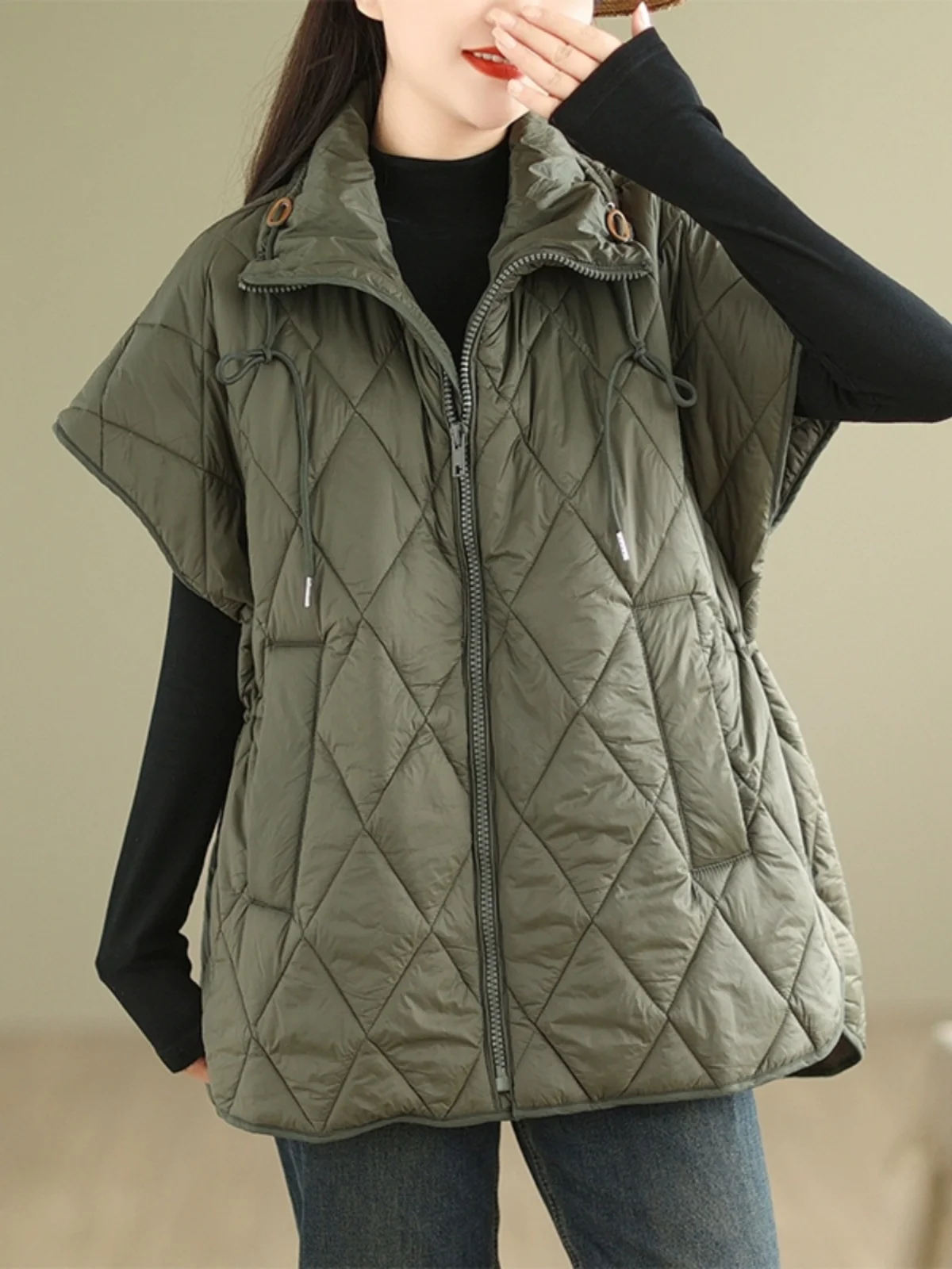 Women's Loose Commuter Sle down Cotton Vest Diamond Patterned 2023 Winter Mid-Length Zipper Closure Pure Color Jaet