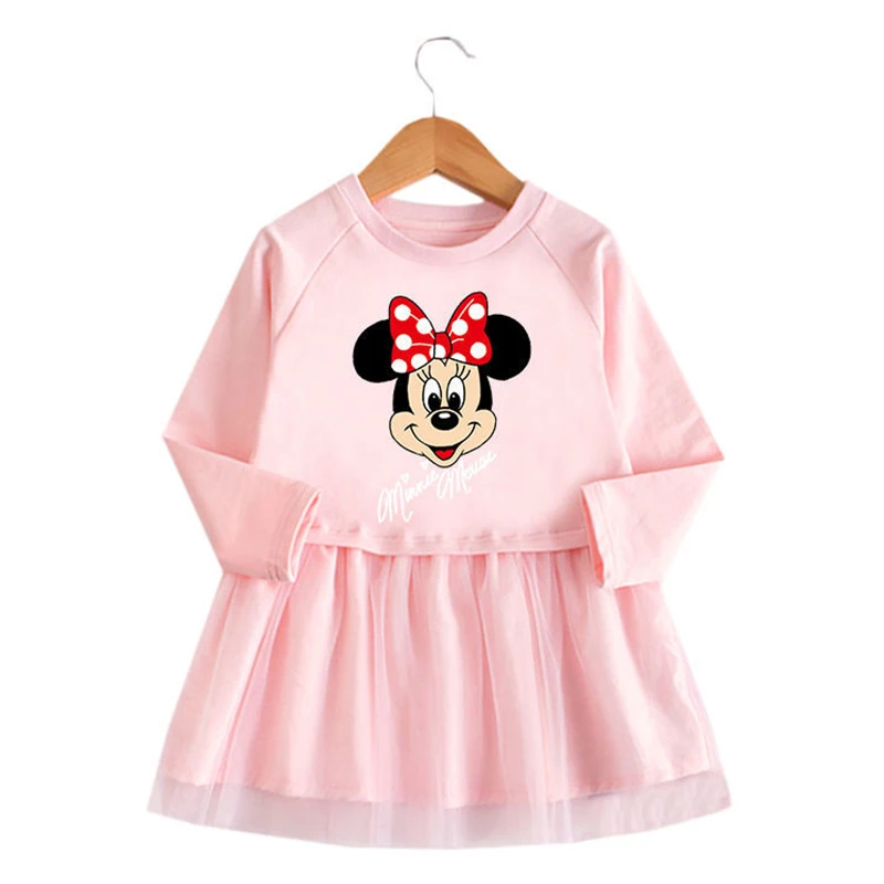 Disney Mickey Mouse Minnie Girls Dresses Kids Cartoon Printed Mesh Long Sleeved Clothes Children Princess Birthday Party Costume