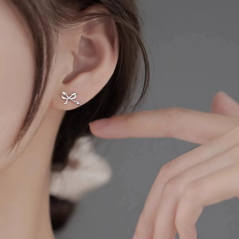 Real 925 Sterling Silver Irregular Mini Bowknot Stud Earrings For Women Classic Fine Jewelry Exquisite Light Luxury Accessories