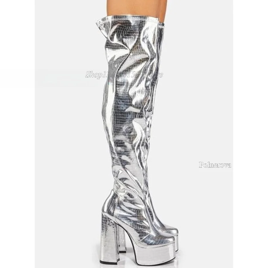 Silver Shiny Leather Leather Plaid Boot Shoes for Women Spring Autumn Motorcycle Women Pointed Toe Zip Knee High Boots 2023 New