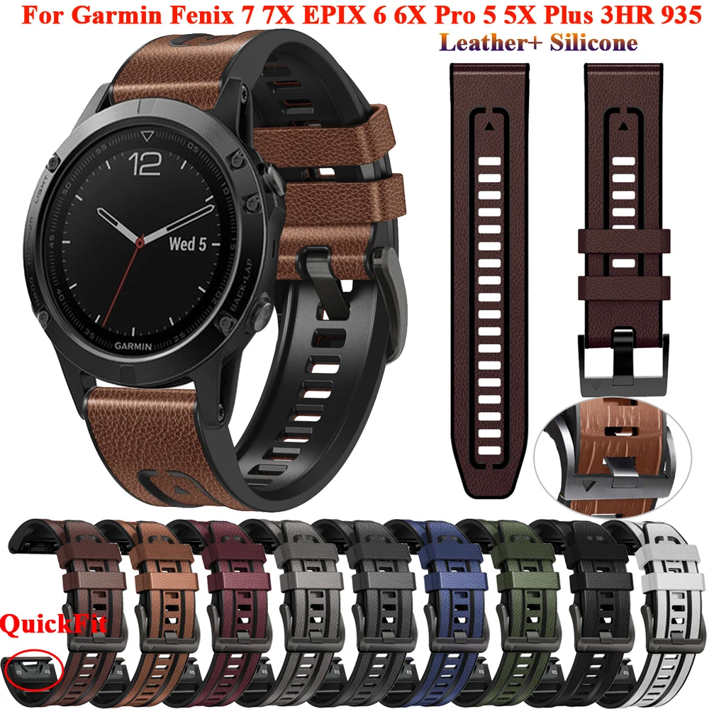 22 26mm Leather Silicone Quickfit Smart Watch Straps For Garmin Fenix 7 7X 6 6X 5X 5 Plus 3HR 945 955 Wrist Watchbands Bracelet