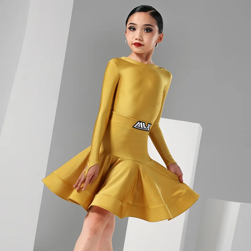 فستان ذهبي لاتيني للمنافسة للأطفال بأكمام طويلة بدلة رقص تنورة للفتيات تشا تشا رومبا ملابس المسرح ملابس الرقص اللاتينية 1438 #2