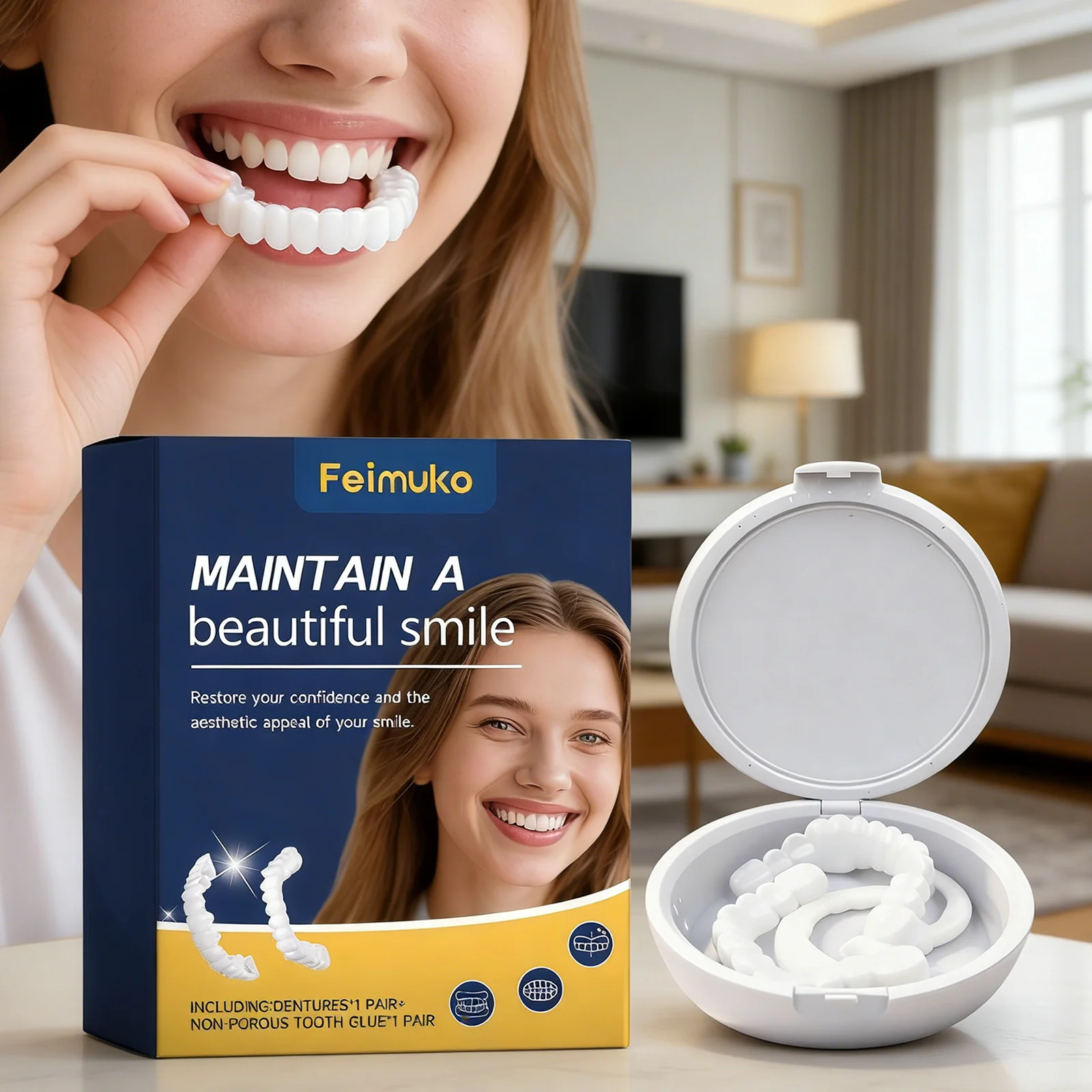Adjustable Snap Teeth Smile Veneers Natural White Comfortable Fit Cosmetic Dentures False Teeth Beauty Care Oral Hygiene Resin
