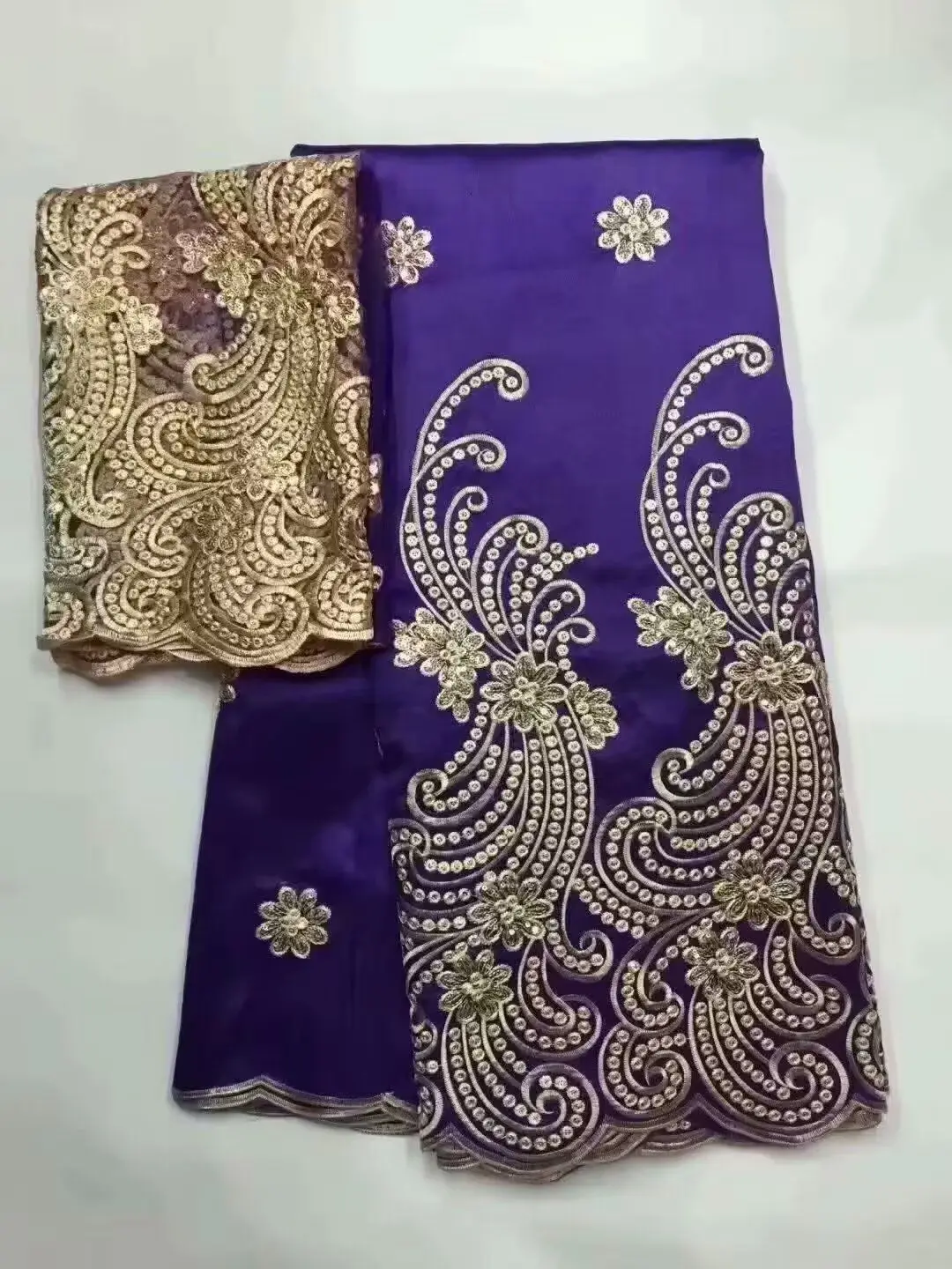 African George Fabric High Quality Indian Raw Silk George Wrappers Hot Nigerian Lace Fabrics Set with Blouse for Wedding purple