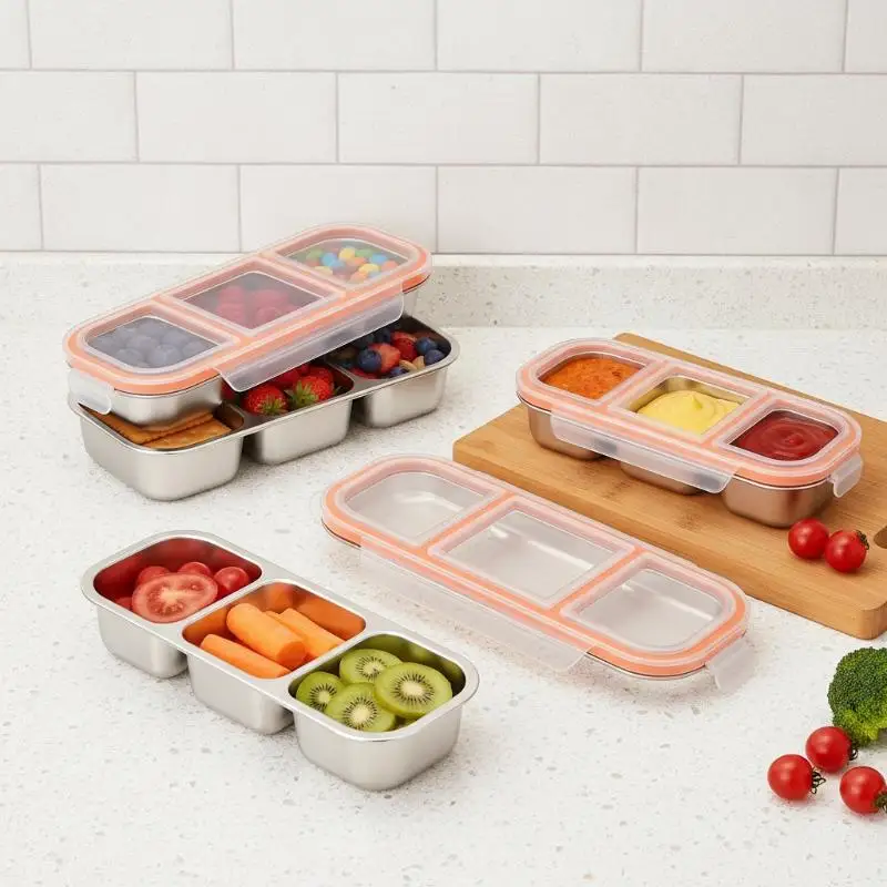 304 Stainless Steel Reusable Mini Compartment Food Box Microwave Safe for Light Meal Portion Control Daily Lunch Storage Case