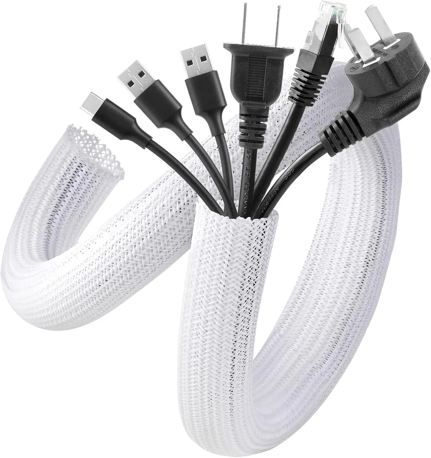 White Cable Sleeve, Cable Management, Desk Cord Cover Organizer Wire Hider for Computer TV Wire Loom Tubing