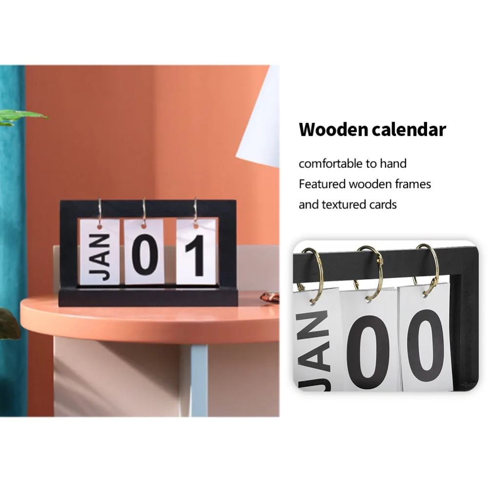 Black/Blue/Wood Wooden Calendar Simple Design Minimalist Desk Wooden Calendar Flip Design Decorative Wooden Flip Calendar