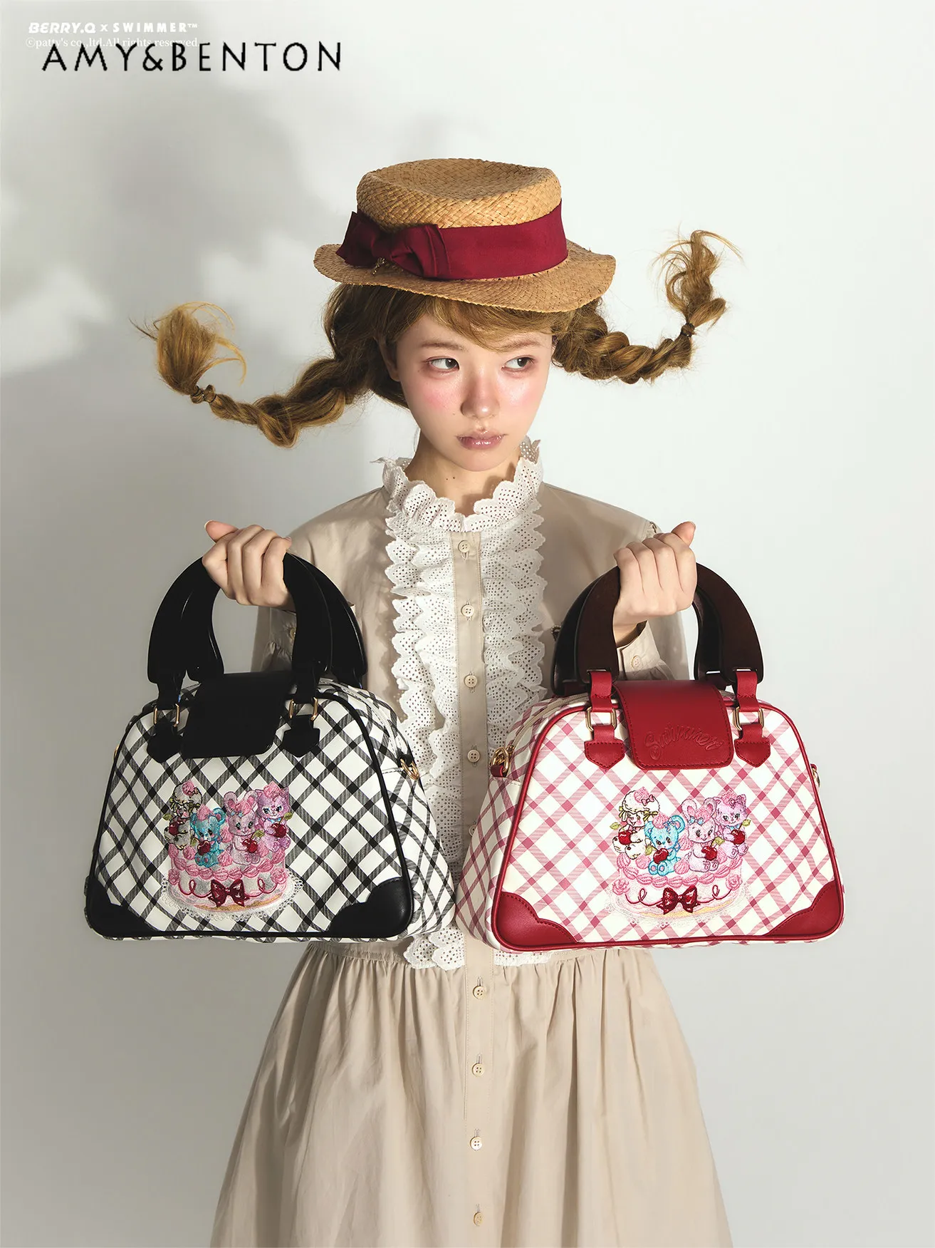 

Sweet Cute Cartoon Embroidered Plaid Print Handbag College Style Kawaii Versatile Commuter Mini Crossbody Bag for Women Students