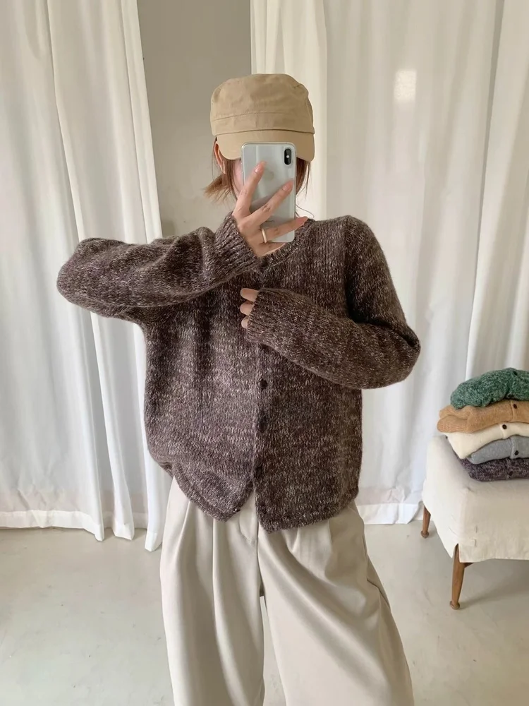 Korean Sle round Ne Pure Color Knitted Sweater Cardigan Floral Tead Autumn Winter Warm Loose Fit Long Sve Women's Fa...