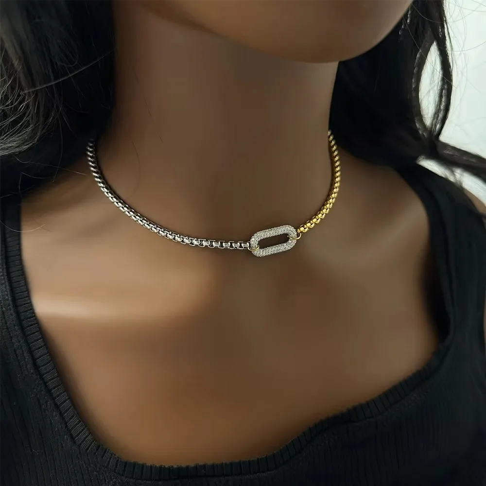 Fashion Designer Jewelry Waterproof Stainless Steel 18k Gold Plated Two Tone Oval Zircon Charm Multilayer Necklace for Women