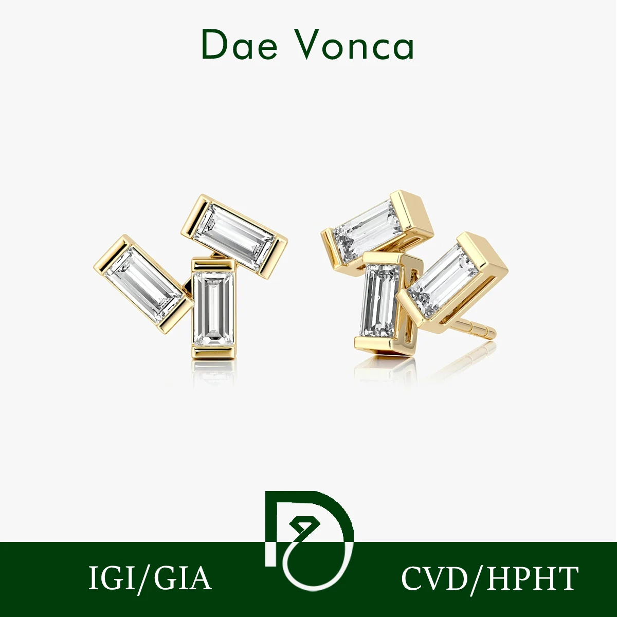 Lab Grown Diamond Stud Earrings Baguette Cut ,3 Stone Cluster CVD HPHT Diamond Earrings, 9K 14K 18K Solid Gold Gift for Women