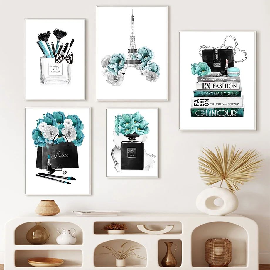 Fashion Wall Art Prints Teal & Black Paris Themed Canvas Wall Decor Glam Style Fashion Poster for Bedroom Living Room Vanity